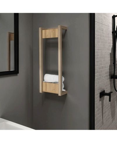 FM FURNITURE Washan Towel Rack, wall-mounted design, open vertical frame, integrated lower shelf for folded towels, sturdy and lightweight structure, Natural Oak