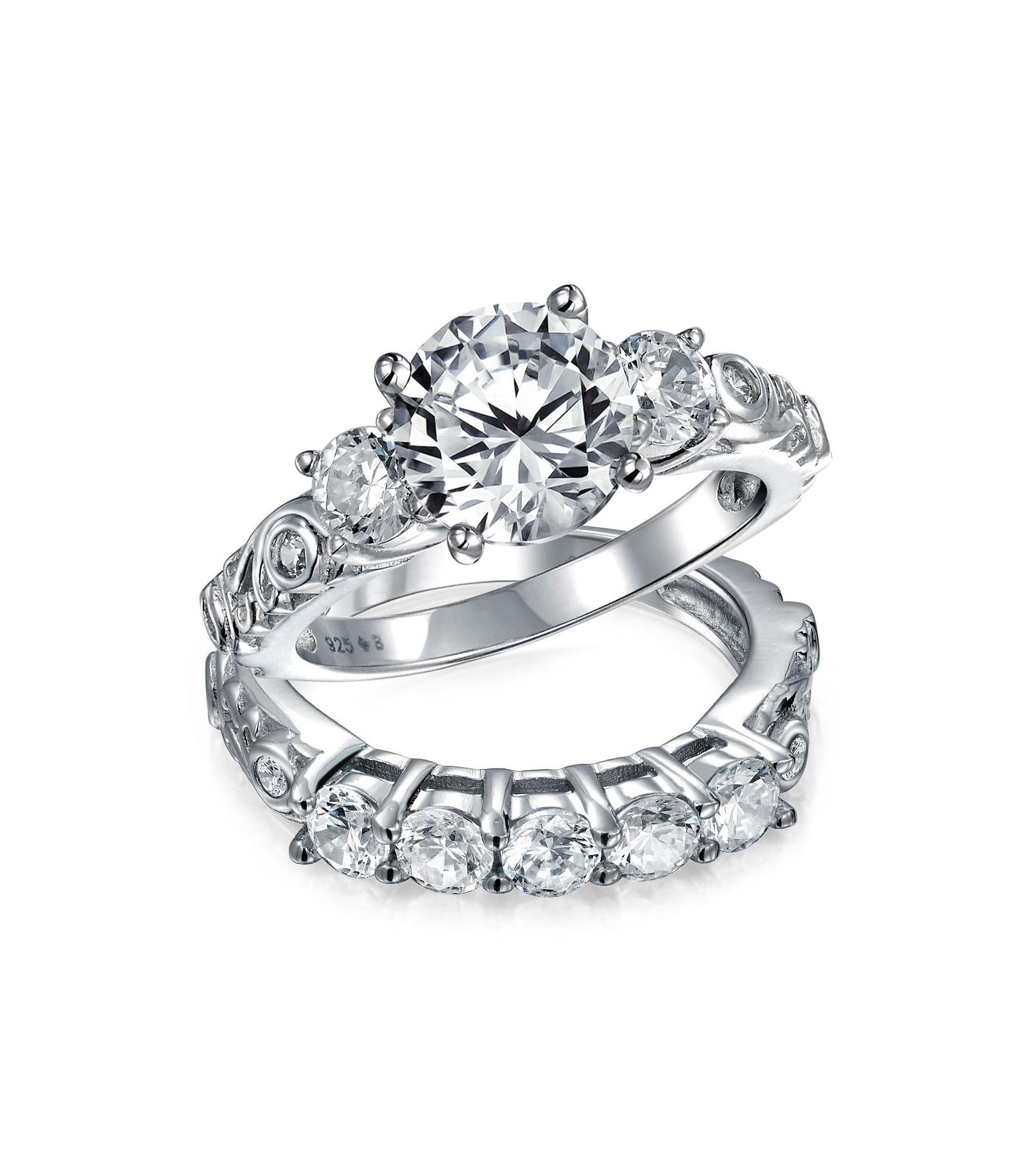 Bling Jewelry Vintage Style 3CT Solitaire 3 Stone Engagement Ring Set Past Present Future Gold Plated Sterling Silver