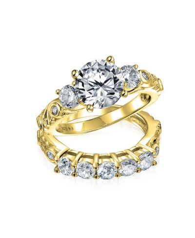 Помолвочное кольцо Bling Jewelry Vintage Style 3CT Solitaire 3 Stone, позолоченное стерлинговое серебро