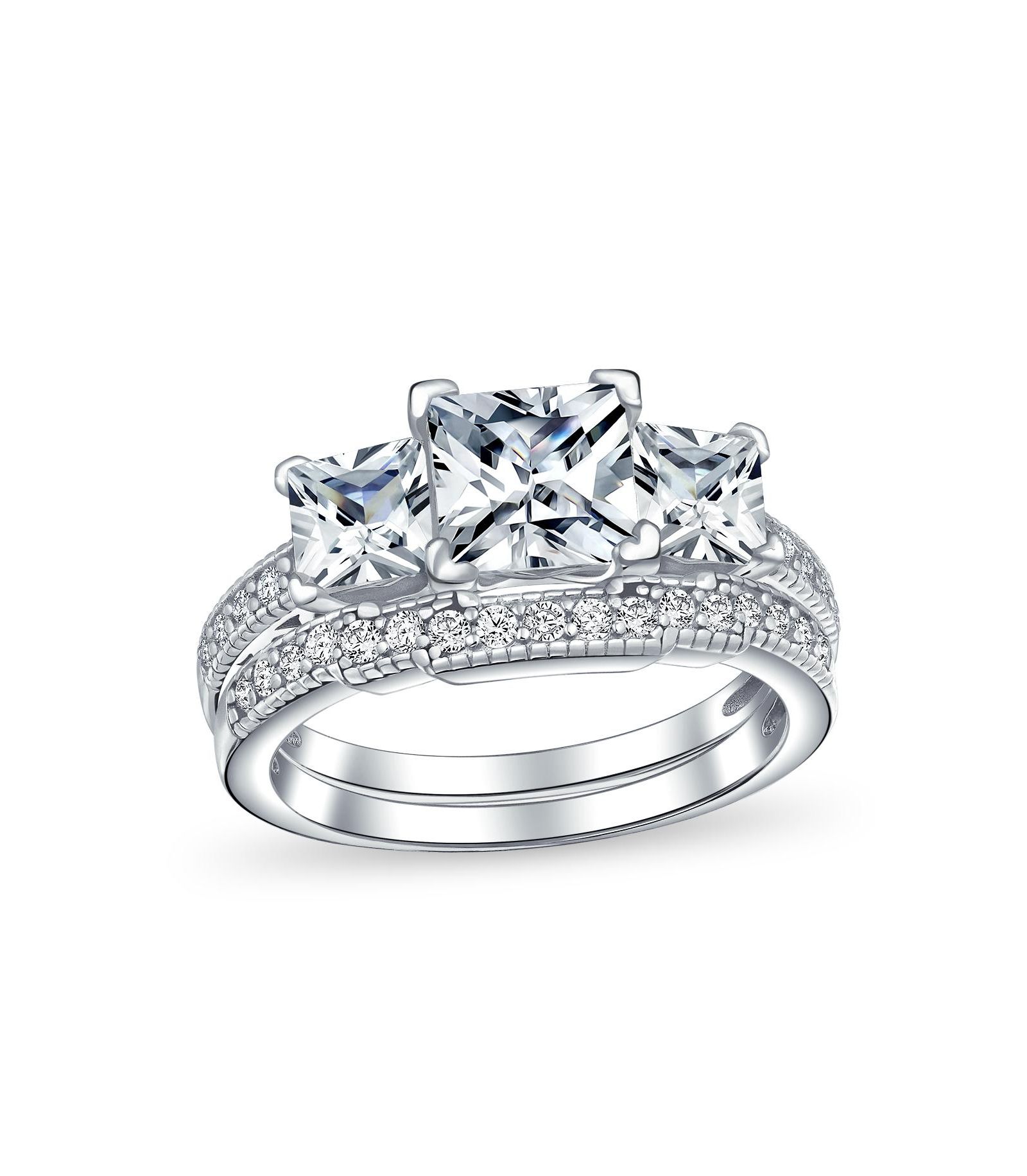 Bling Jewelry Vintage Style 3CT Princess Cut Past Present Future CZ Engagement Ring Band Set .925 Sterling Silver
