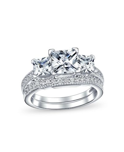 Bling Jewelry Vintage Style 3CT Princess Cut Past Present Future CZ Engagement Ring Band Set .925 Sterling Silver