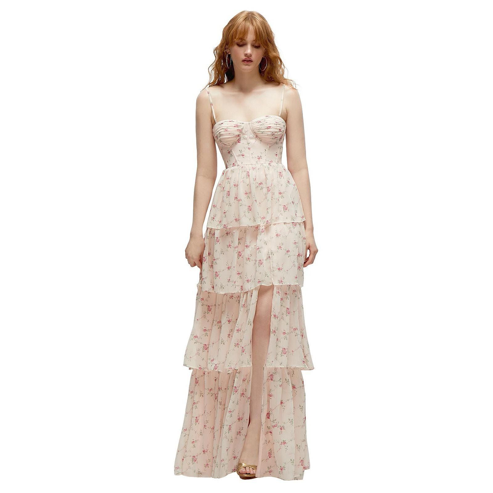 Bustier-Style Chiffon Tiered Ruffle Maxi Dress with Adjustable Straps