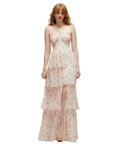 Bustier-Style Chiffon Tiered Ruffle Maxi Dress with Adjustable Straps