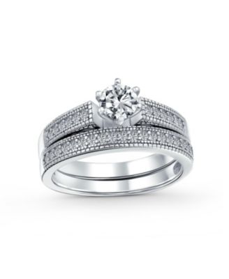 Bling Jewelry 1.5CT Round Cubic Zirconia Solitaire 6 Prong Milgrain CZ Pave Engagement Band Ring Set Sterling Silver