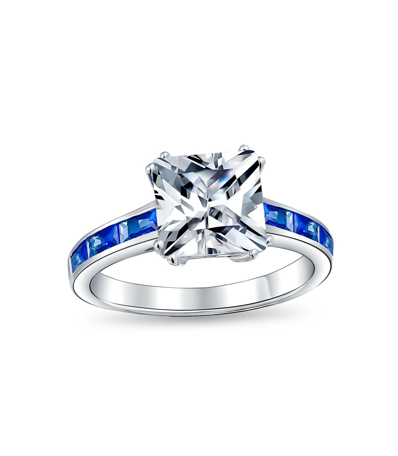 Bling Jewelry 3CT CZ Princess Cut Engagement Ring Cubic Zirconia Blue Channel Set Baguette Band Sterling Silver
