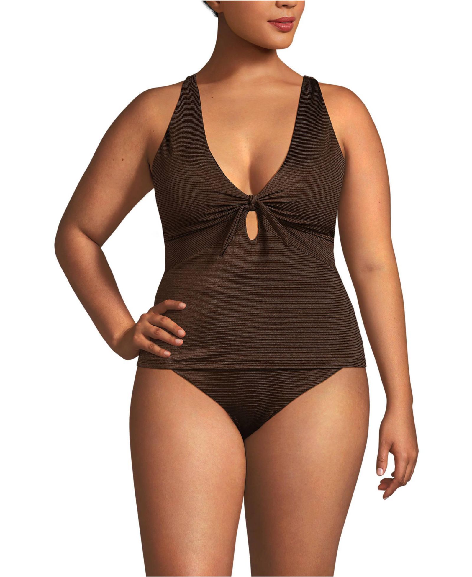 Lands' End Plus Size Shine Ribbed Tankini Top and High Waisted Bottom Swimsuit Set