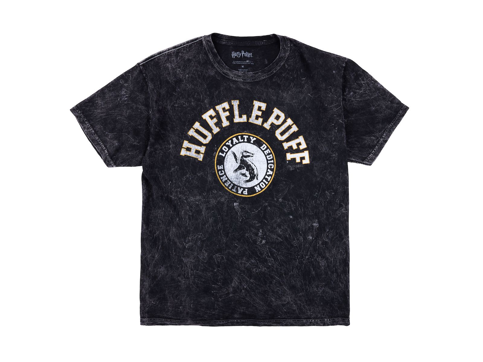 Harry Potter Men's Hufflepuff Varsity Black Vintage Mineral Wash Crew Neck Short Sleeve T-shirt-XXL