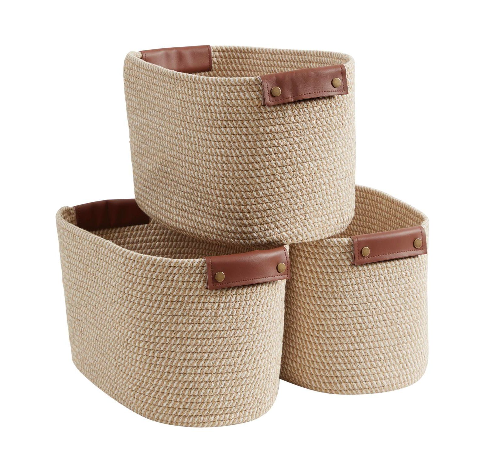 Ornavo Home 3 Pack Cotton Rope Shelf Storage Basket with Handles