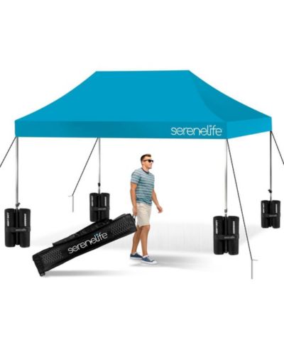 SereneLife 10x15 Pop Commercial Instant Shelter Waterproof Polyester Tent Sky Blue with Portable Wheeled Carry Sand Bag