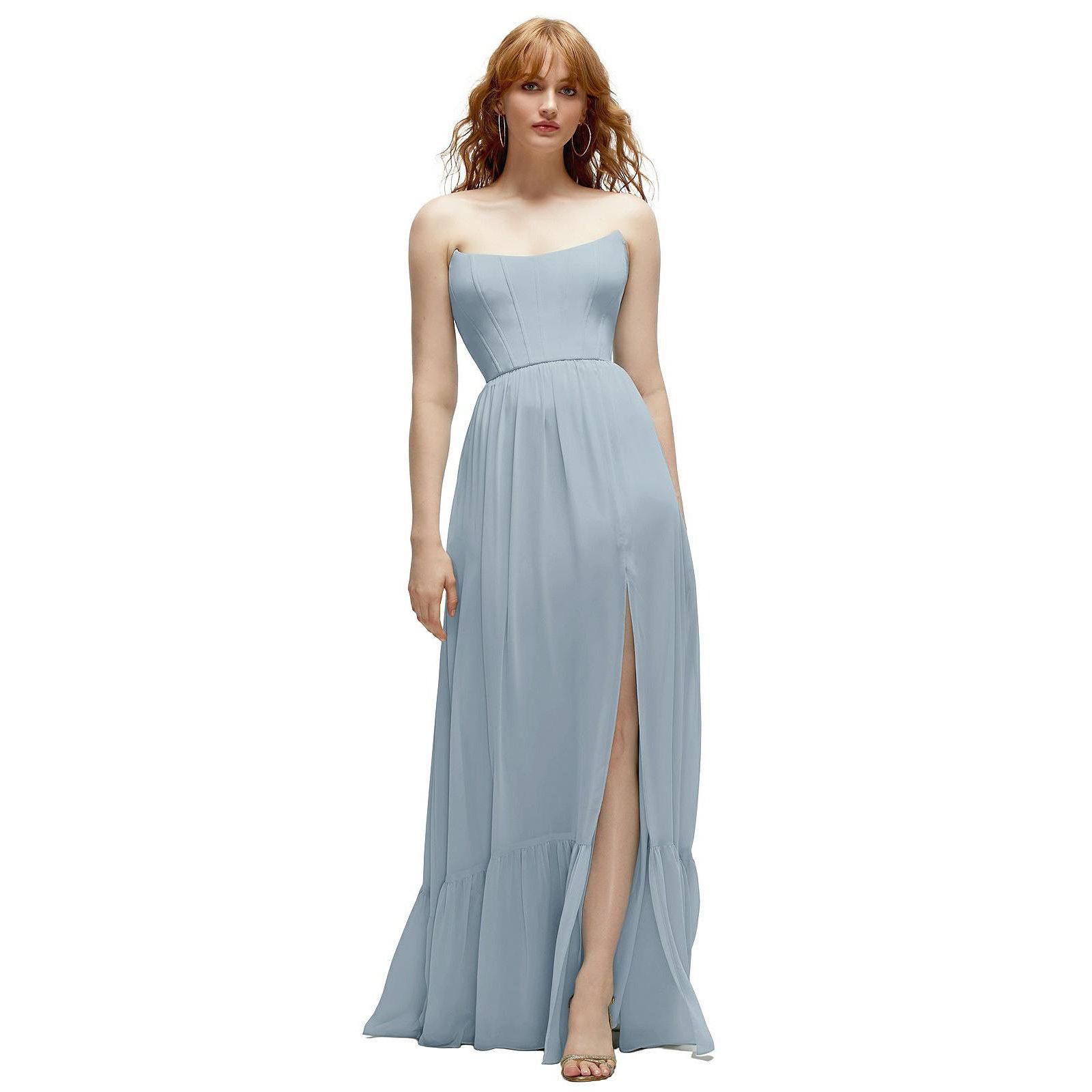 Dessy Collection Plus Size Strapless Cat-Eye Corset Maxi Dress with Ruffle Hem A-Line Skirt