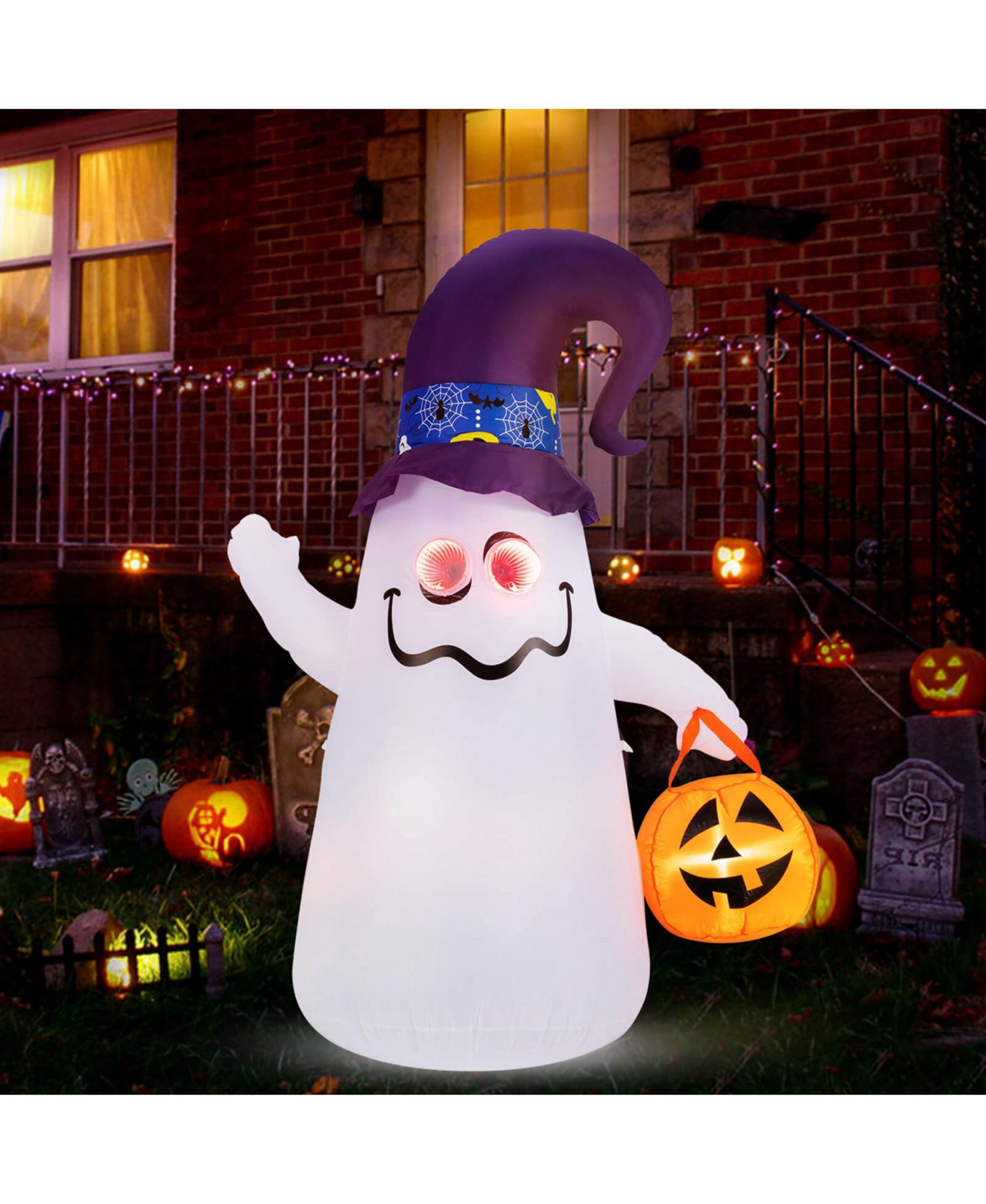 Надувной Хэллоуинский декор 6 Ft Cute Ghost с Jack-O-Lantern и шляпой ведьмы