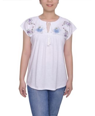 NY Collection Petite Embroidered Yoke Extended Sleeve Top