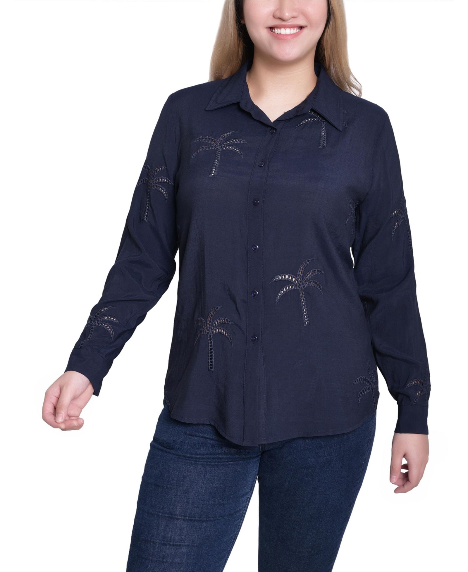 NY Collection Petite Женский топ с длинным рукавом с принтом пальм