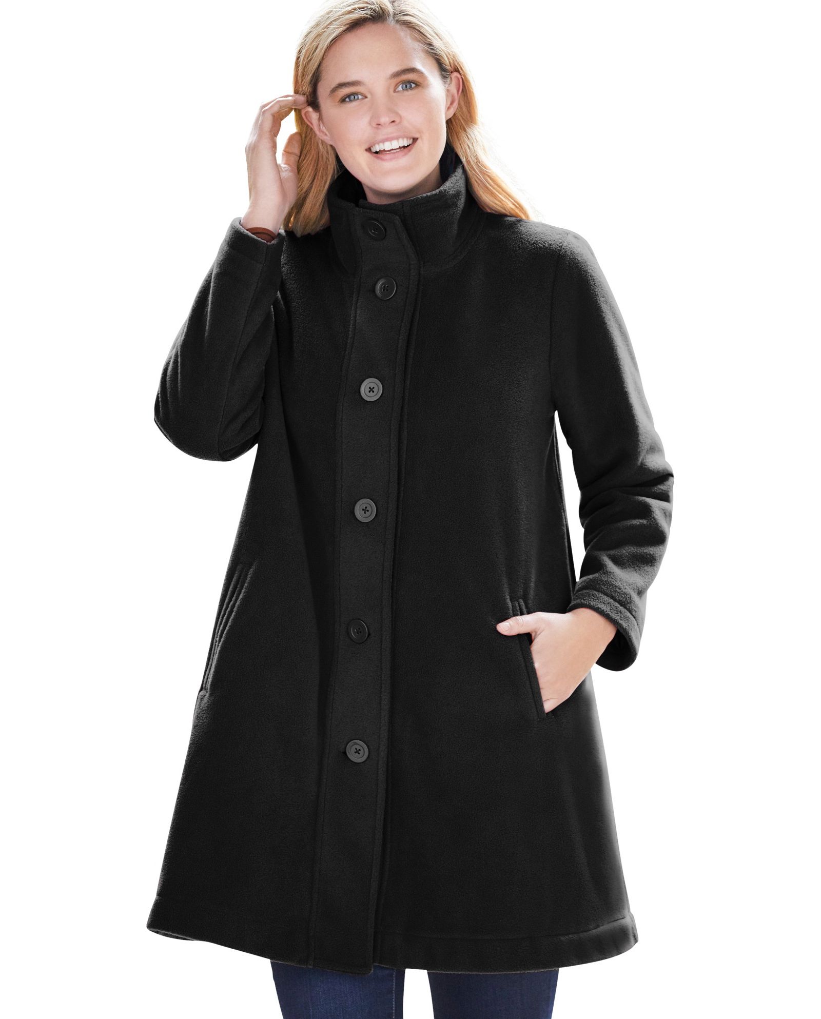 Woman Within Plus Size Fleece Swing Funnel-Neck Coat