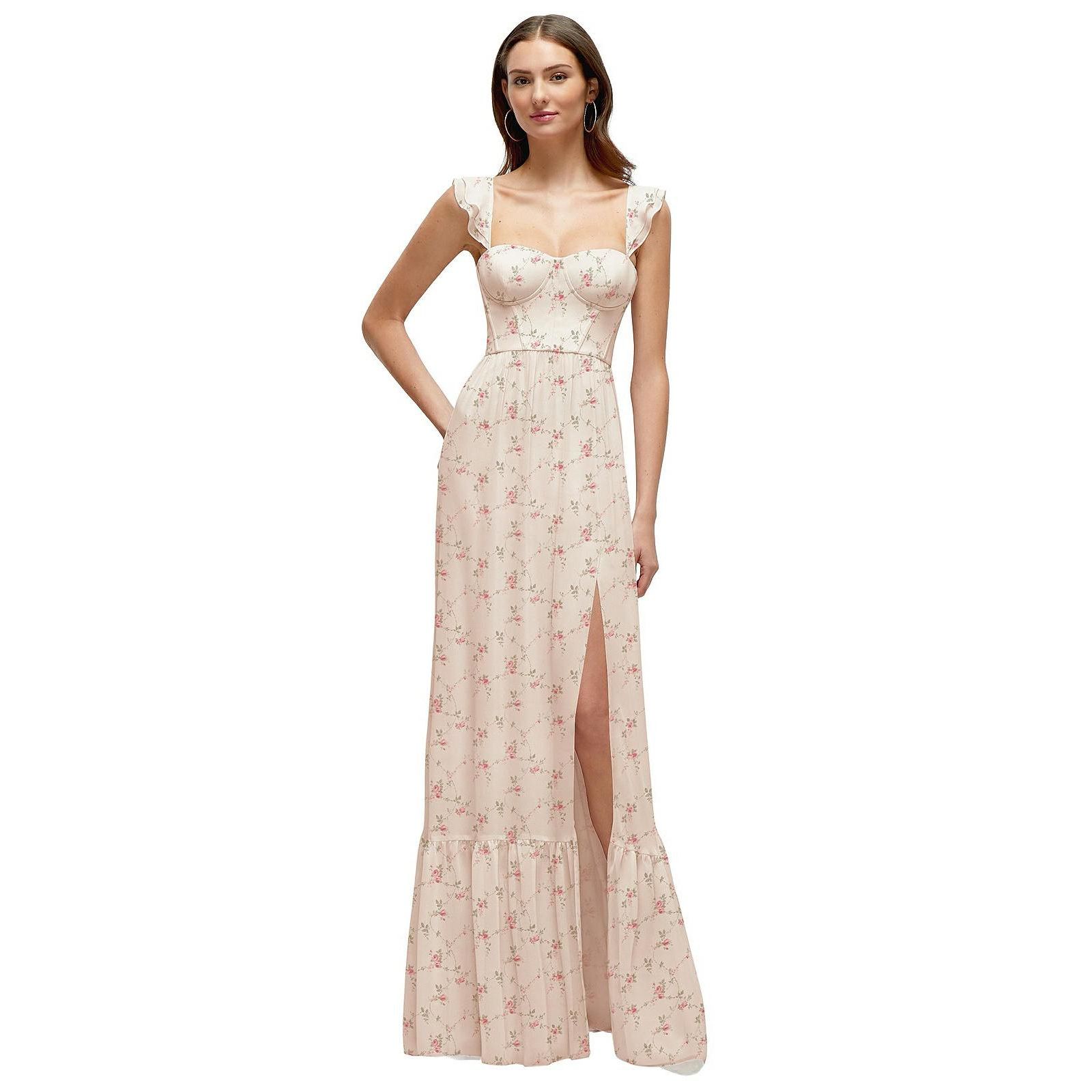 Dessy Collection Plus Size Ruffle Strap Chiffon Bustier Maxi Dress with Ruffle Hem A-Line Skirt