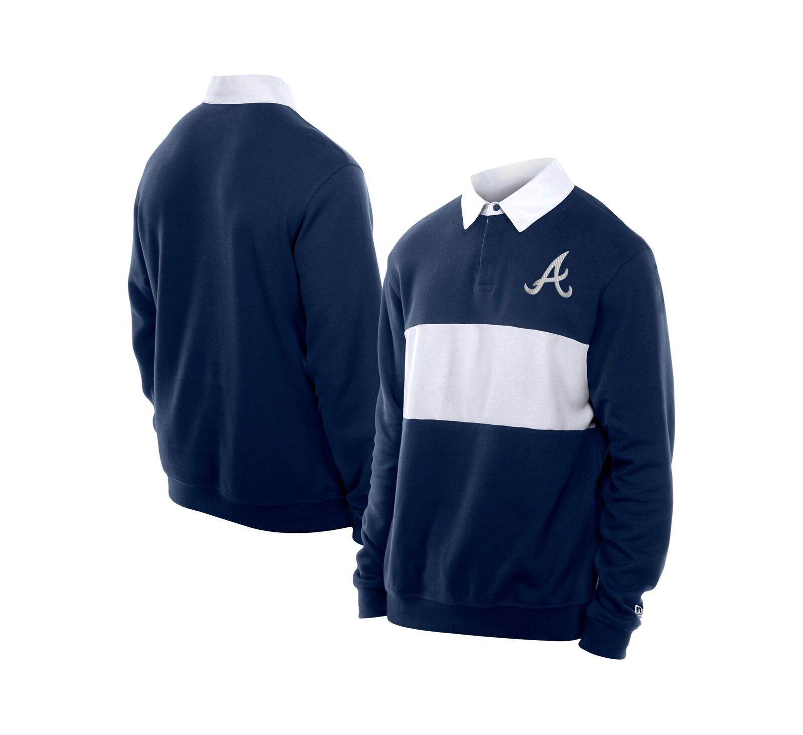 New Era Men's Navy Atlanta Braves Throwback Prep Color Block Rugby Polo Shirt