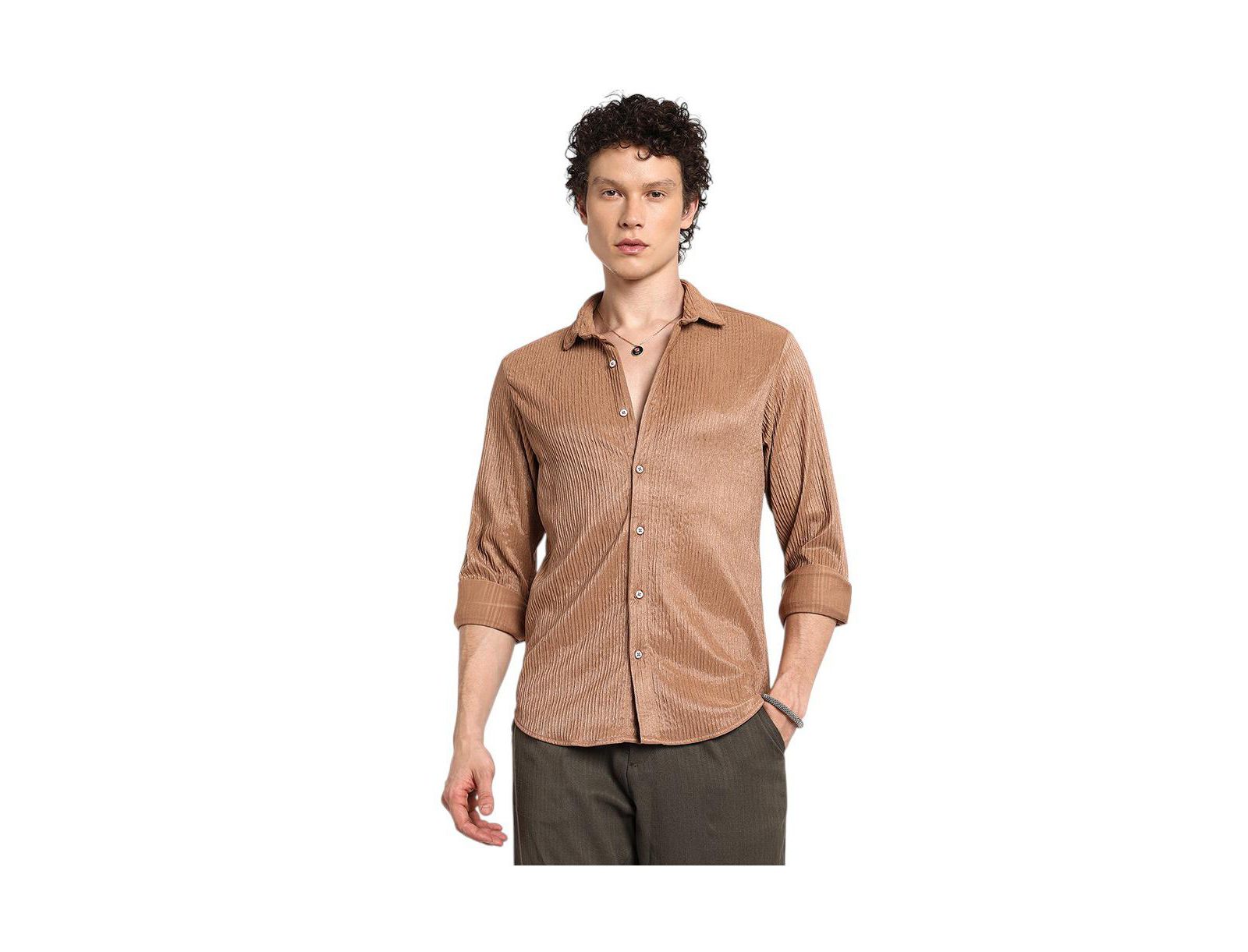 Мужская рубашка Campus Sutra Camel Beige Solid Creased