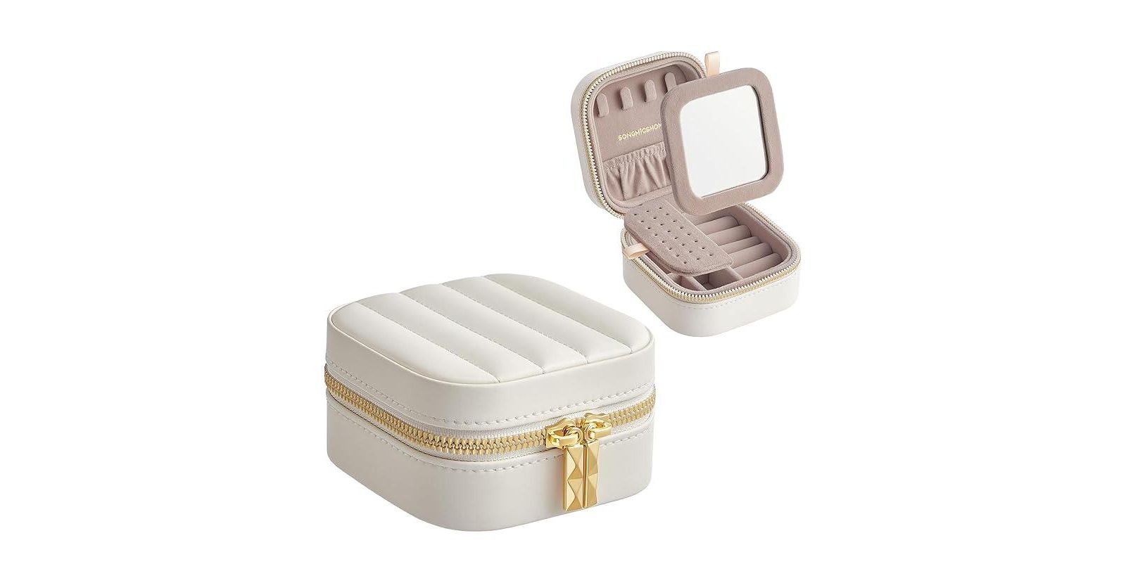 Travel Jewelry Case – Compact Jewelry Box Organizer with Mirror, Cloud White