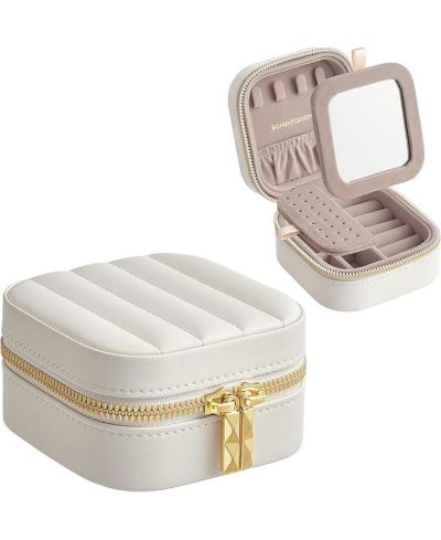 Travel Jewelry Case – Compact Jewelry Box Organizer with Mirror, Cloud White