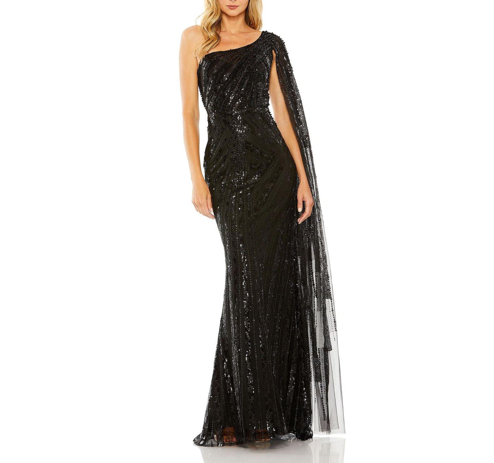 Mac Duggal Женское вечернее платье с открытым плечом и рукавами-кеплями, украшенное декором