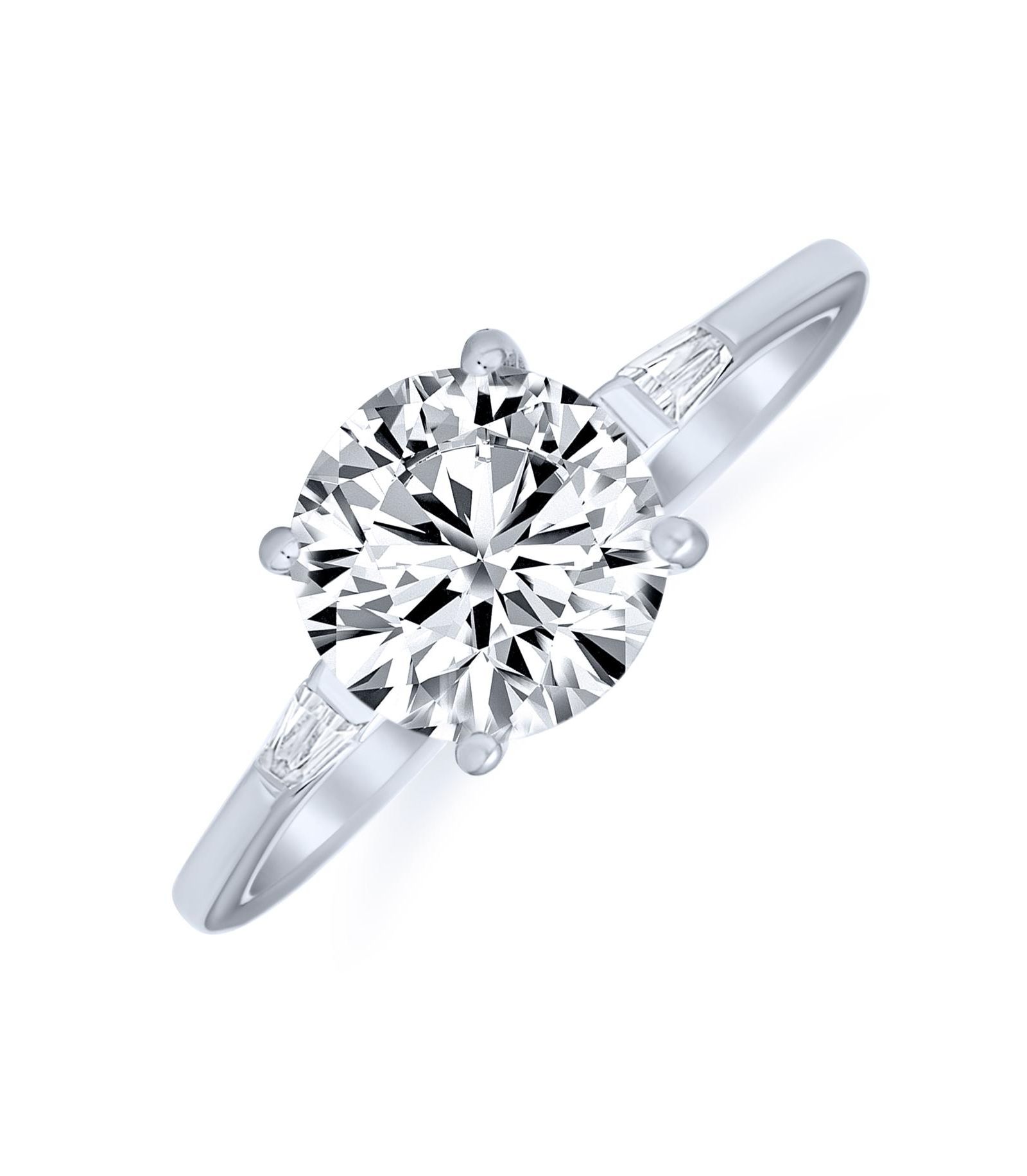 Bling Jewelry Classic 3CT Round CZ Round Solitaire Engagement Ring Baguette Side Stones Band .925 Sterling Silver