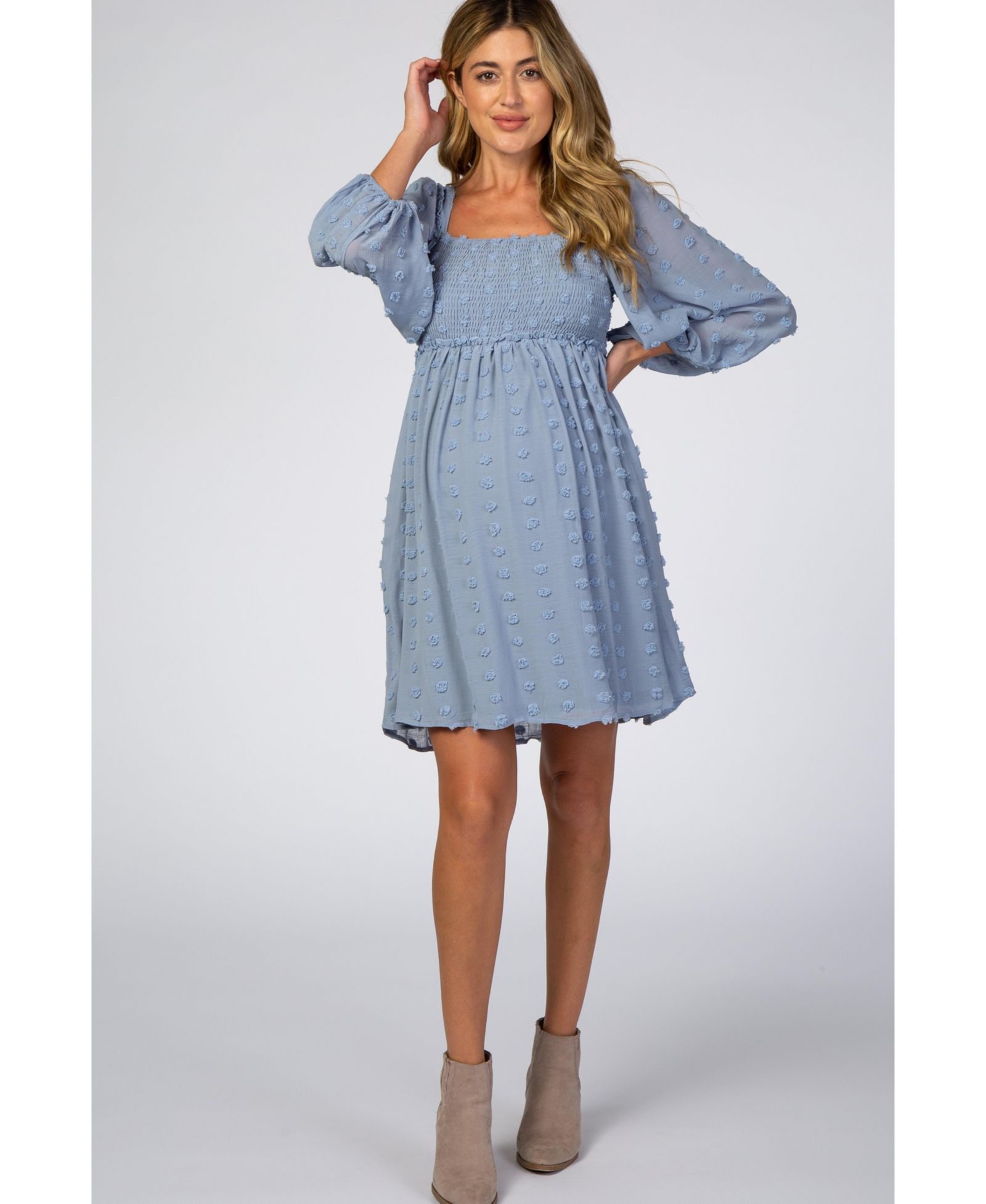 Pinkblush Women's Black Textured Dot Smocked Square Neck Chiffon Dress