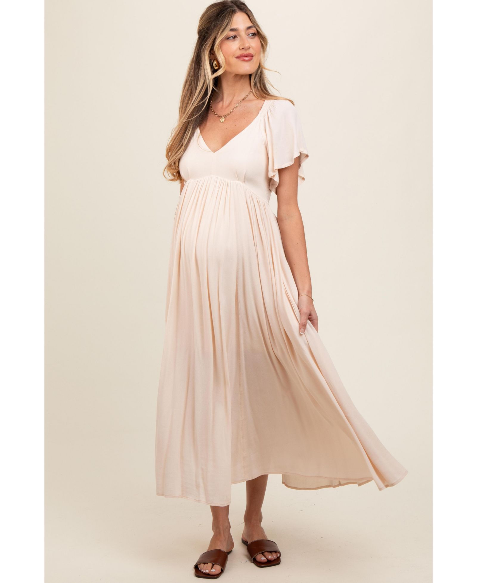 Pinkblush Women's Cream V-Neck Flutter Short Sleeve Midi Dress