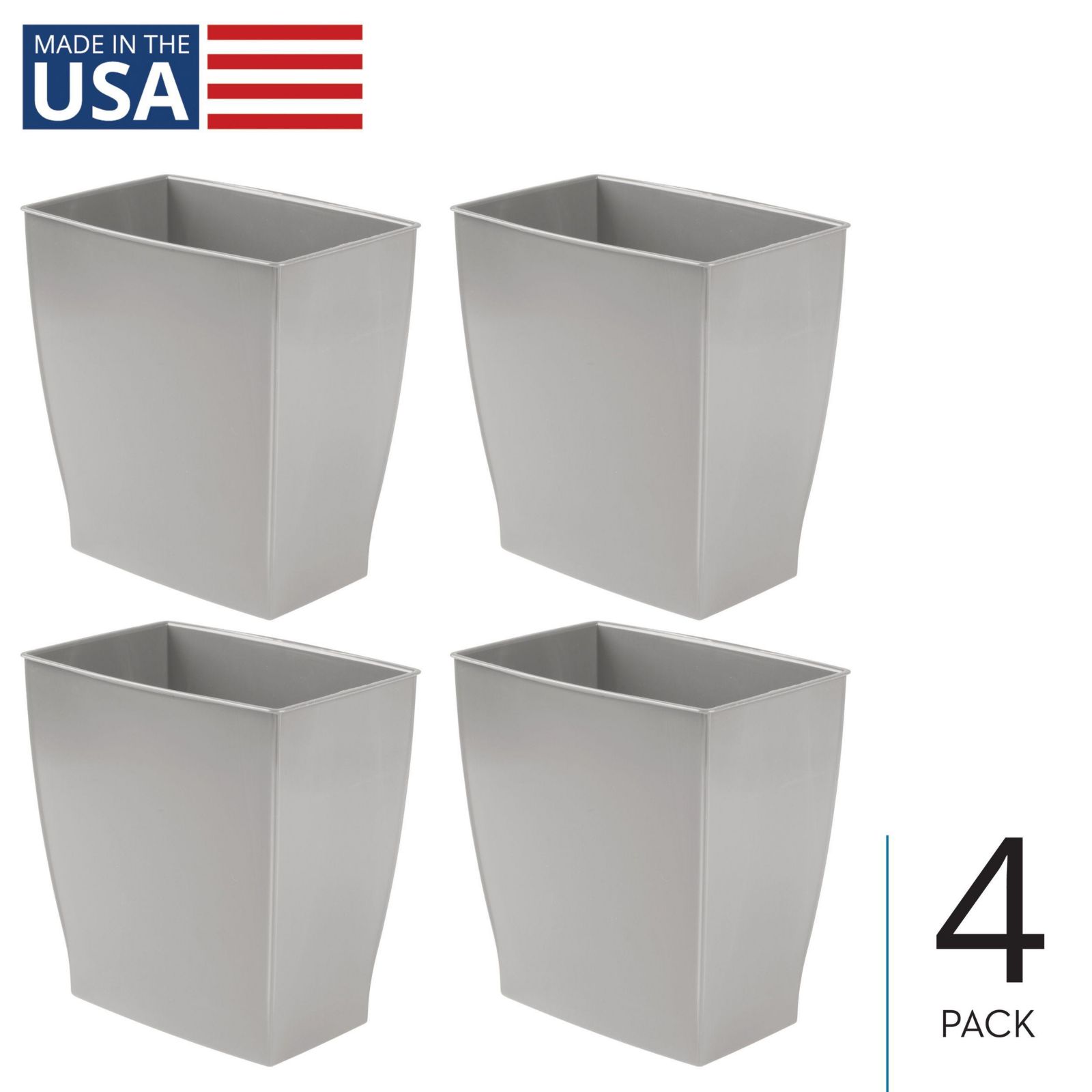 iDesign Rectangular Trash Can, 2.5 Gallon / 9.5 Liter, 4-Pack, Gray, Made in USA