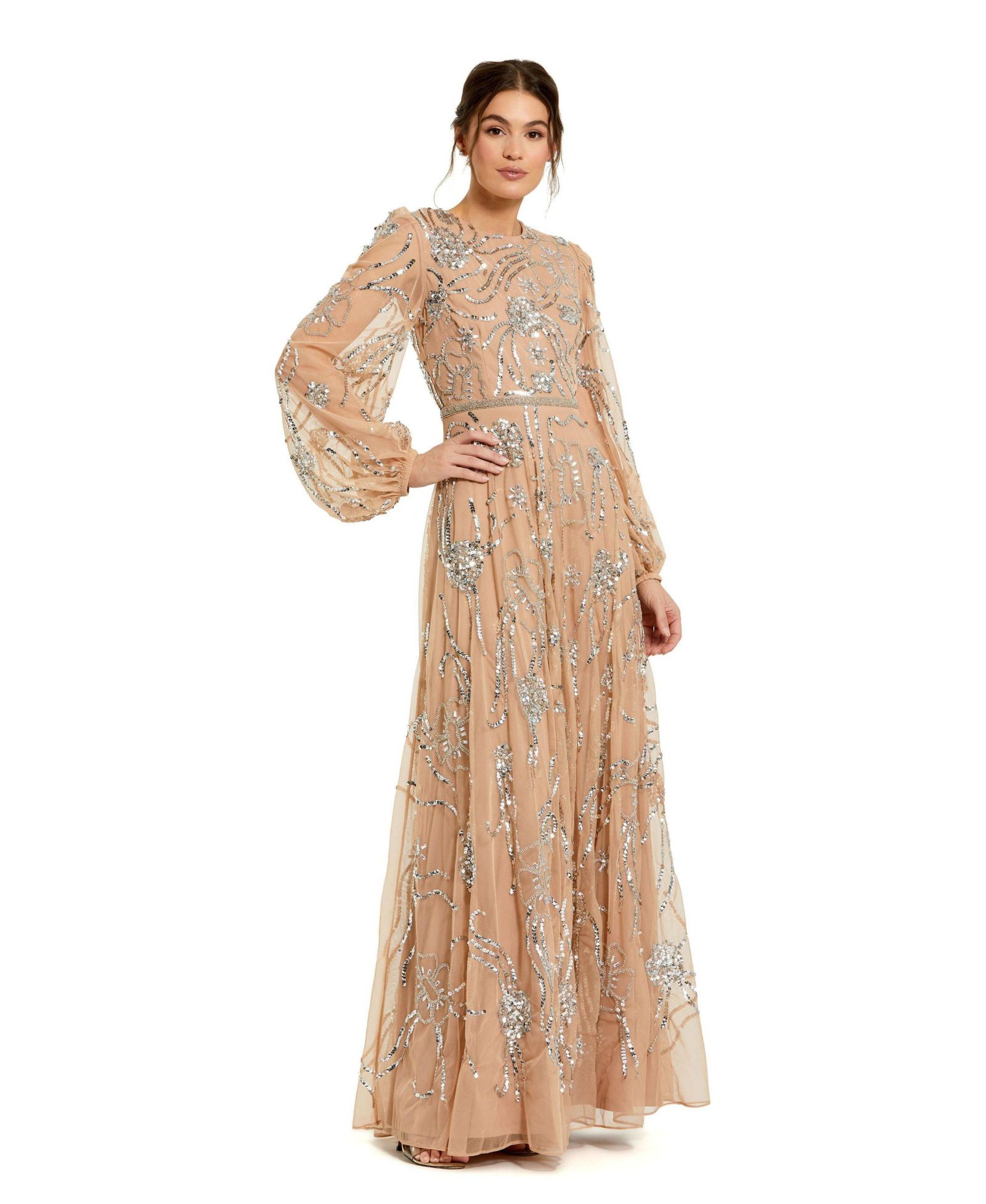 Mac Duggal Женское вечернее платье с декором, высоким воротником и рукавами-фонариками