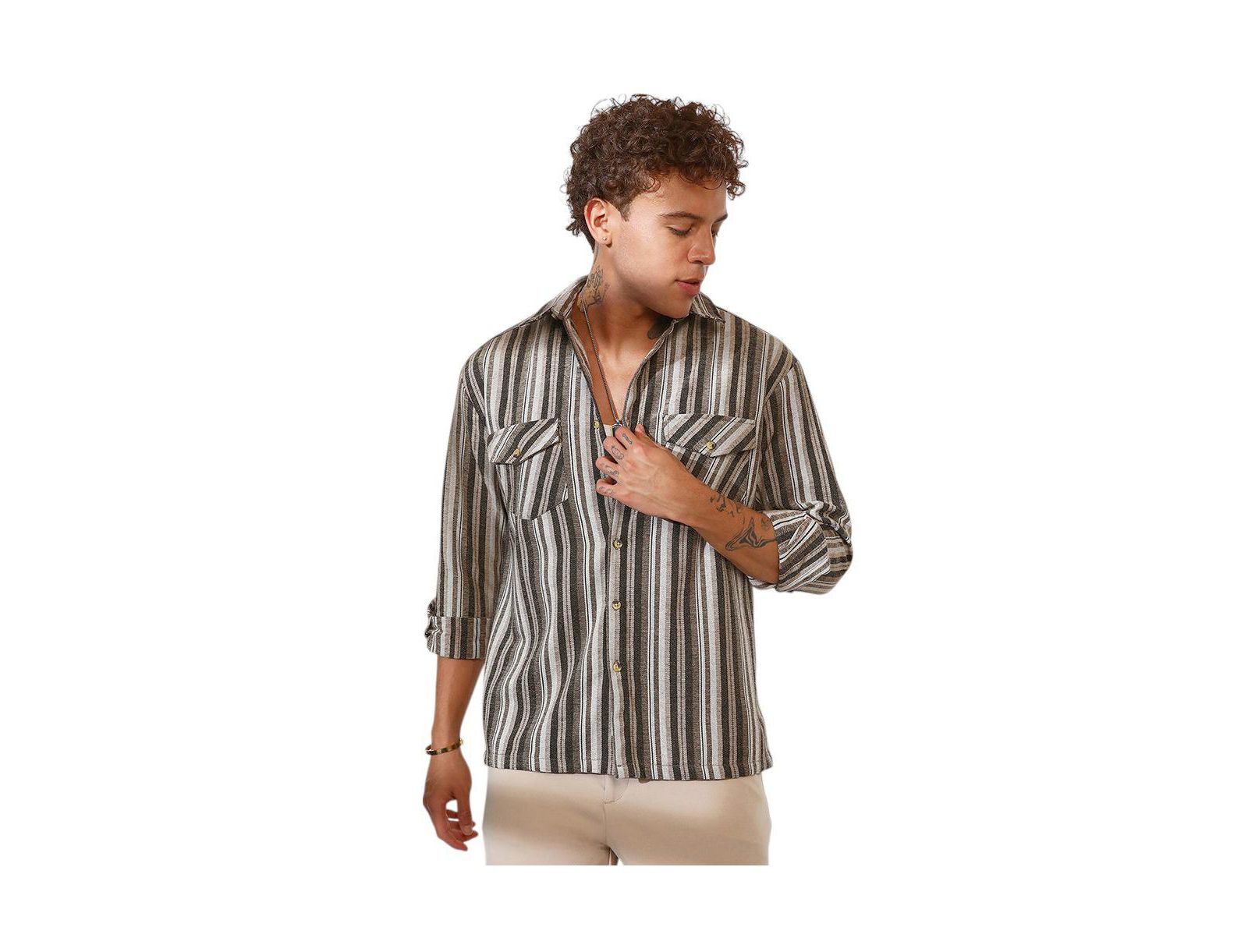 Campus Sutra Men's Taupe Brown & Sepia Brown Multitrack Striped Oversized Shirt
