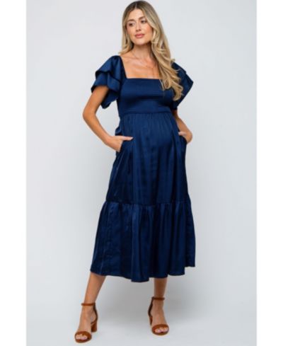 Pinkblush Women's Navy Satin Flutter Sleeve Midi Dress