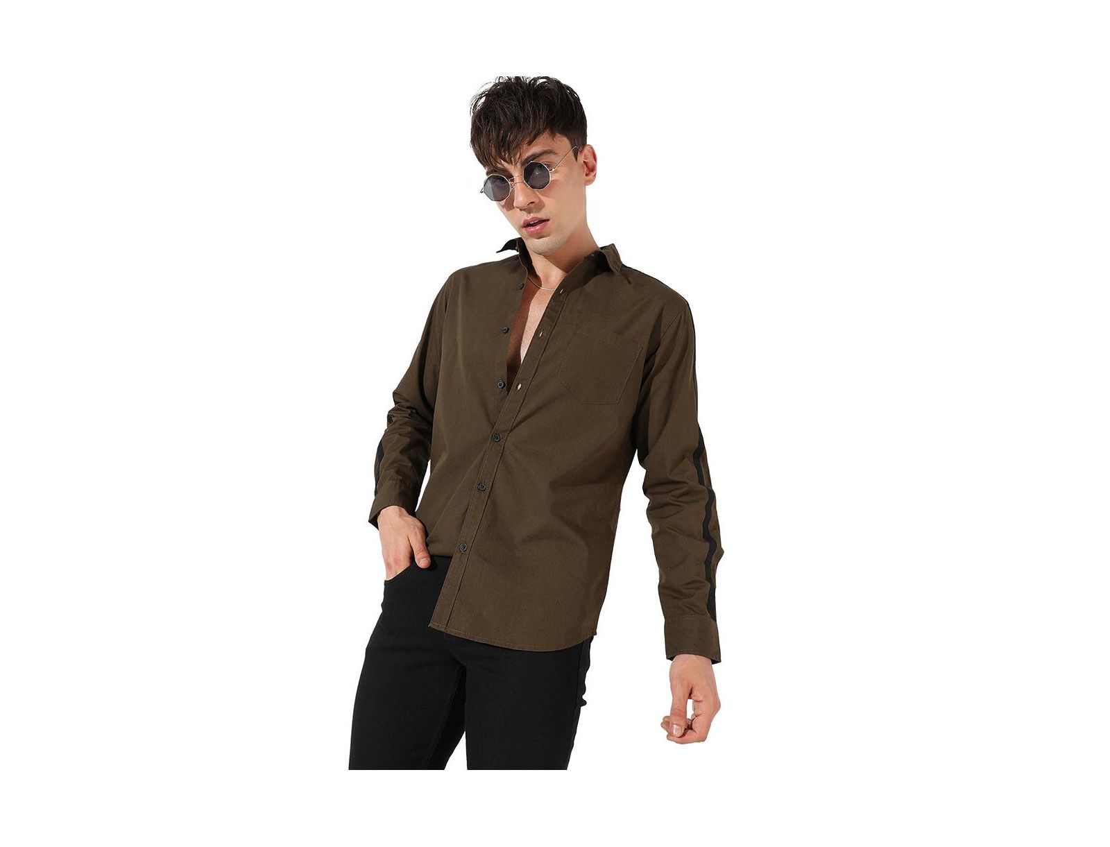 Campus Sutra Men's Olive Green Side Striped Shirt