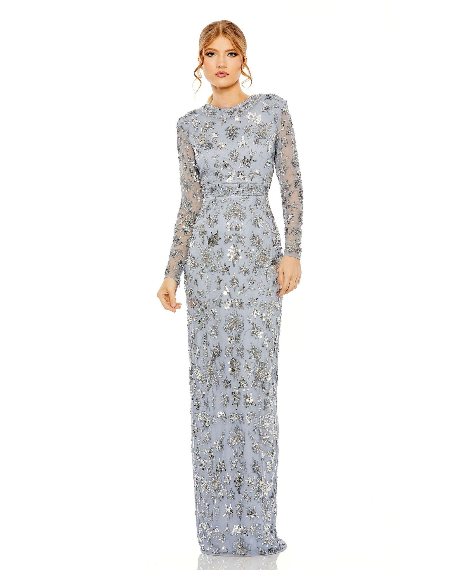 Женское вечернее платье Mac Duggal High Neck Long Sleeve Embellished Column