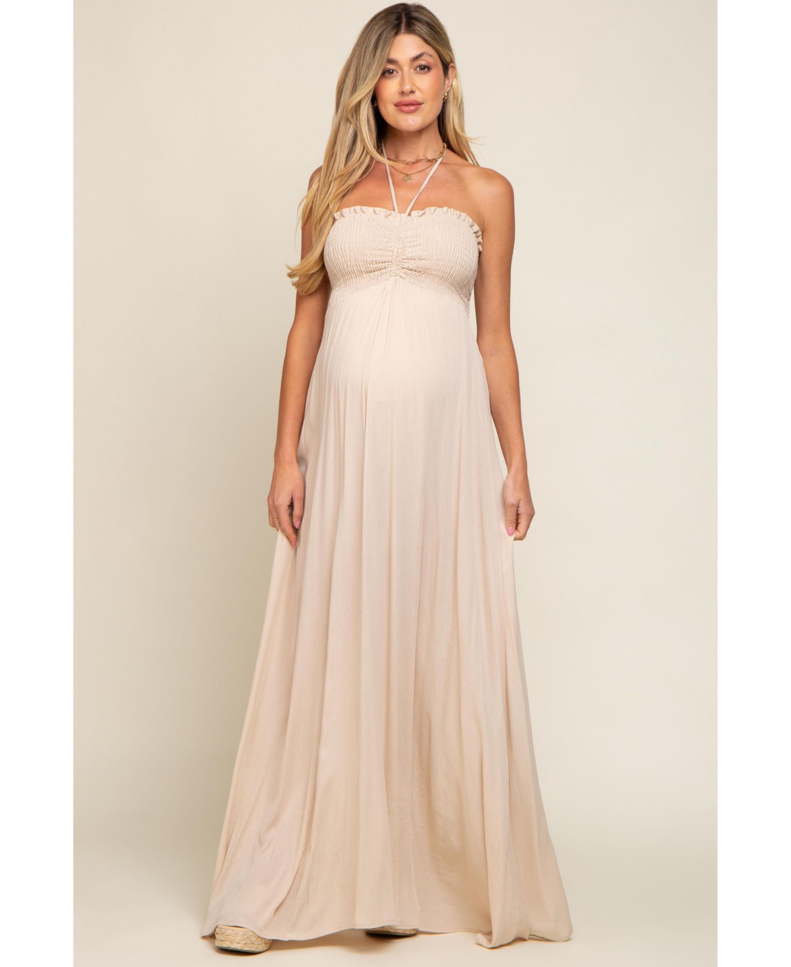 Pinkblush женское макси-платье с завязками Smocked Halter бежевого цвета