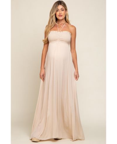 Pinkblush Women's Beige Smocked Halter Maxi Dress