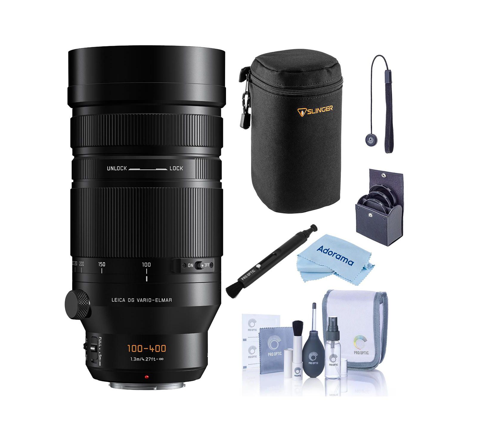 Panasonic Leica DG Vario-Elmarit 100-400mm f/4.0-6.3 II ASPH объектив, набор с большим чехлом для объектива, набором фильтров 72mm, ручкой-очистителем для объектива и набором для чистки