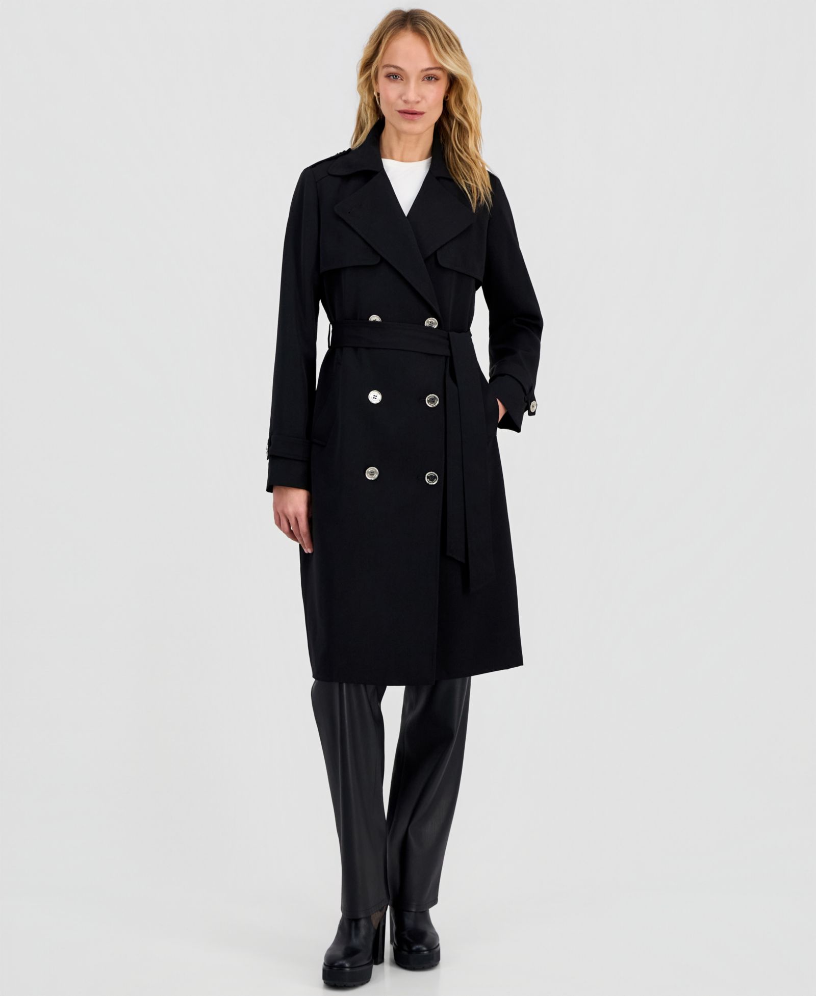 Michael Kors Petite Double-Breasted Belted Crepe Trench Coat