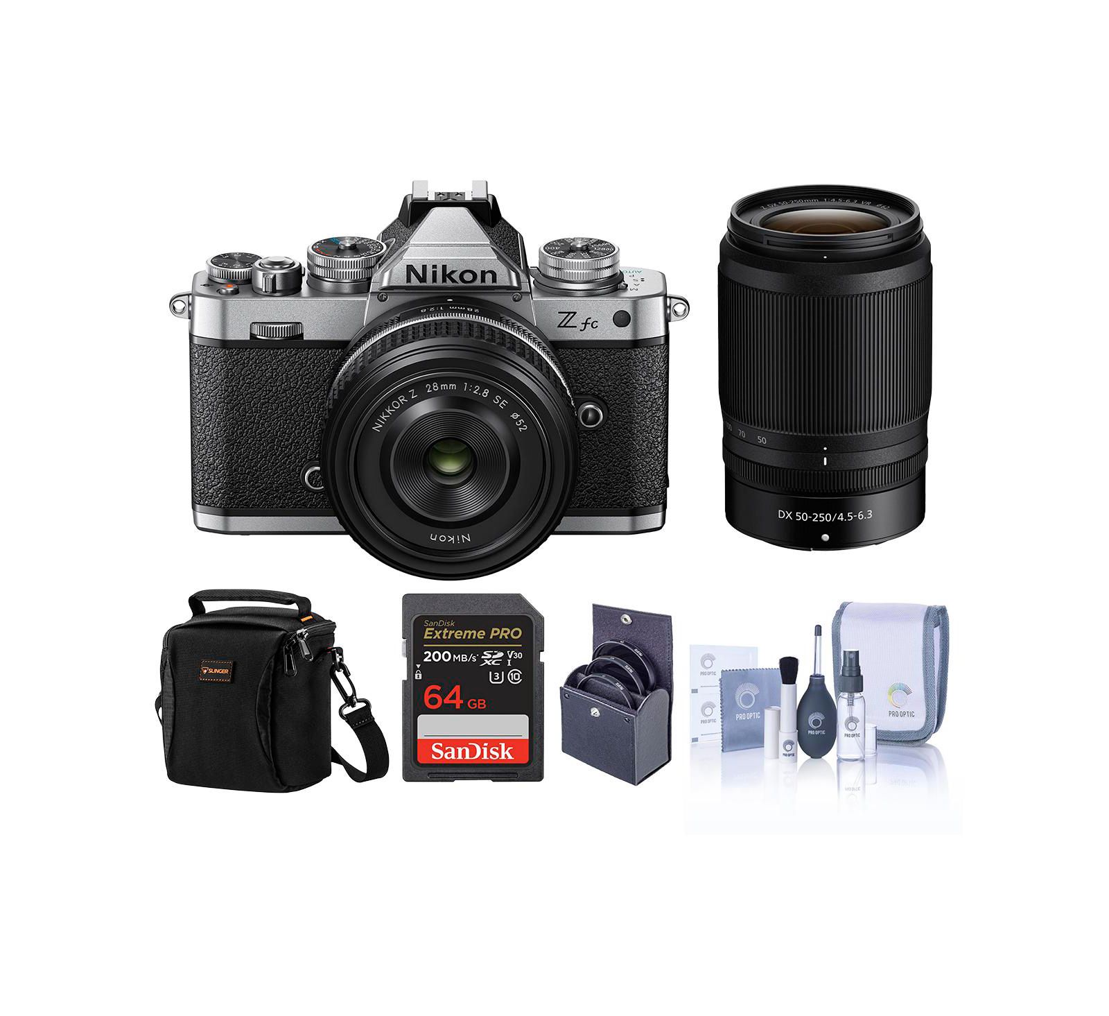 Зеркальная беззеркальная камера Nikon Z fc DX-Format Silver с объективами 28mm f/2.8 и 50-250mm f/4.5-6.3, комплект с картой памяти 64GB, сумкой и фильтрами 62mm и 52mm