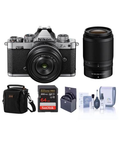 Зеркальная беззеркальная камера Nikon Z fc DX-Format Silver с объективами 28mm f/2.8 и 50-250mm f/4.5-6.3, комплект с картой памяти 64GB, сумкой и фильтрами 62mm и 52mm