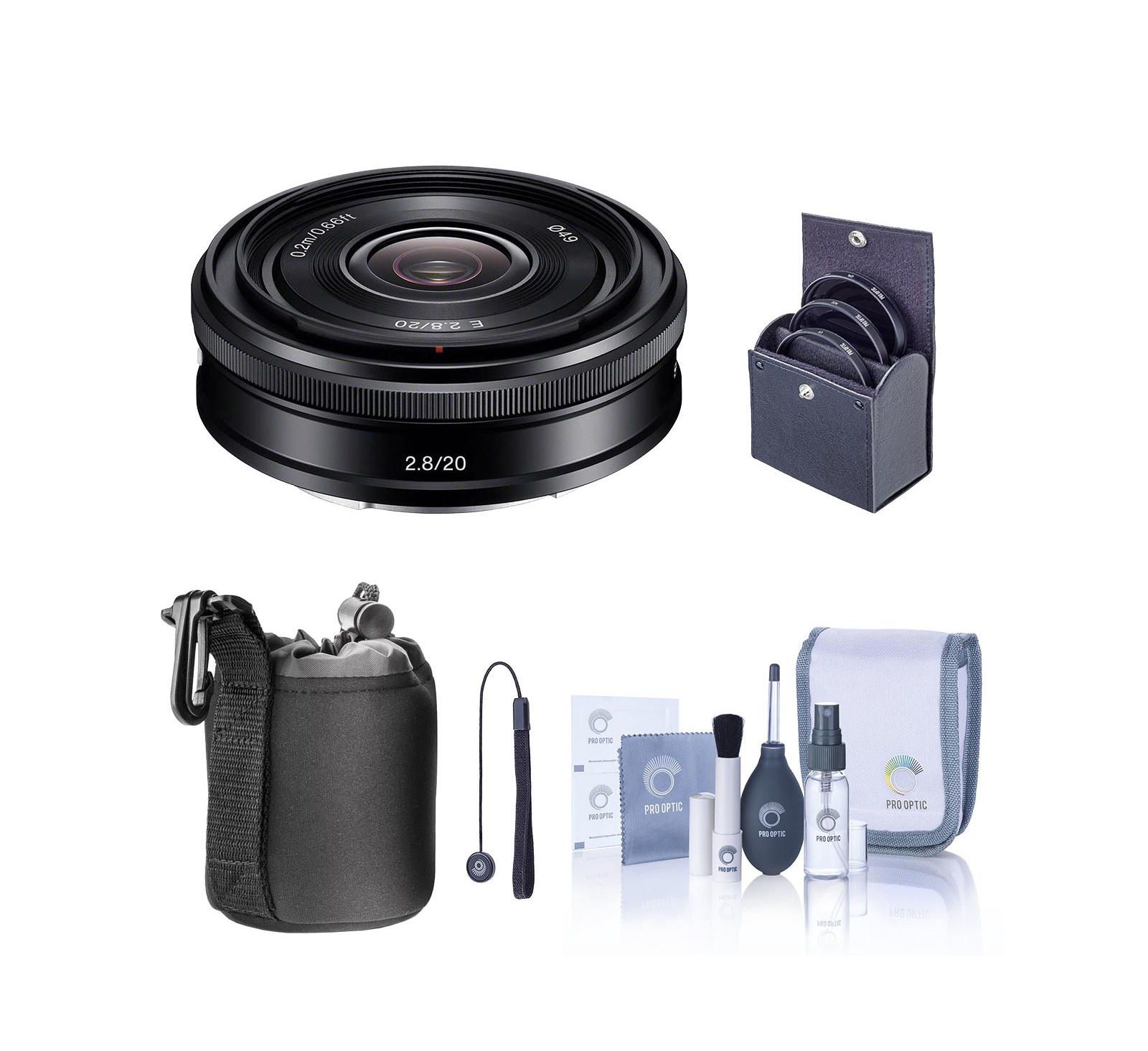 Sony E 20mm f/2.8 Lens for Sony , Bundle with 49mm Filter Kit, Lens Case, Cleaning Kit, Lens Cap Tether