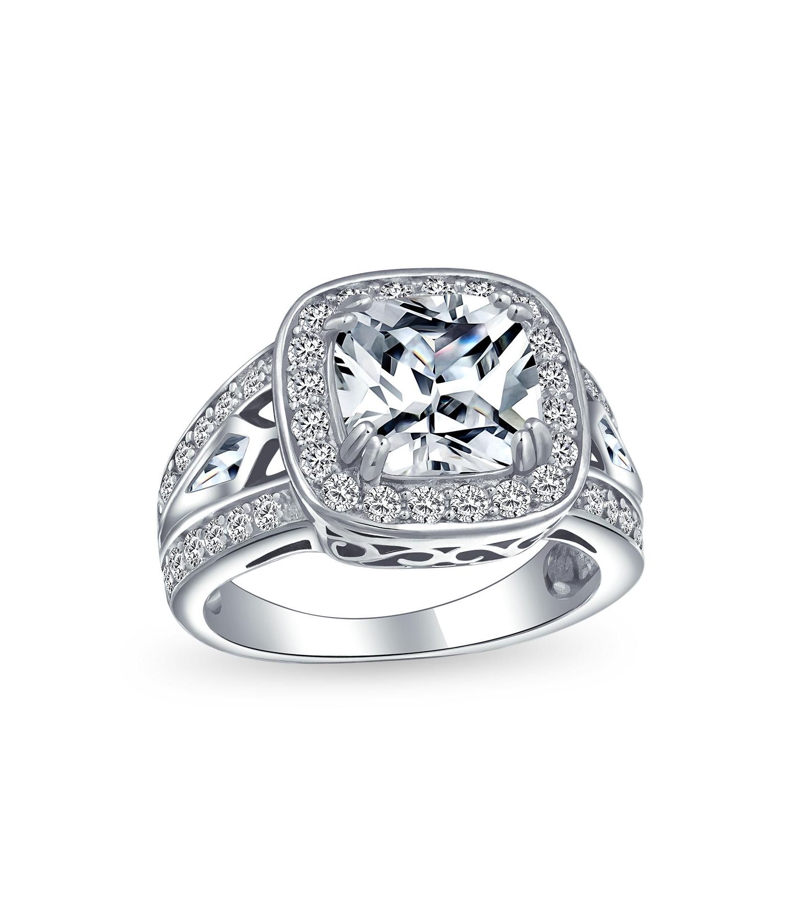 Bling Jewelry Art Deco Style 3CTW CZ Halo Cushion Cut Solitaire Engagement Ring .925 Sterling Silver Cubic Zirconia