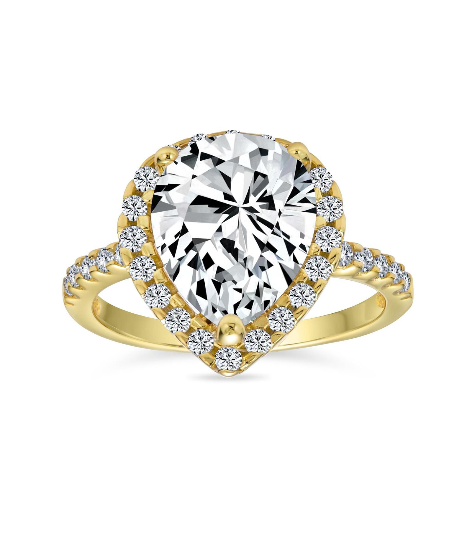 Bling Jewelry 7CT Halo CZ Solitaire Teardrop Statement Engagement Ring Gold Plated .925 Sterling Silver