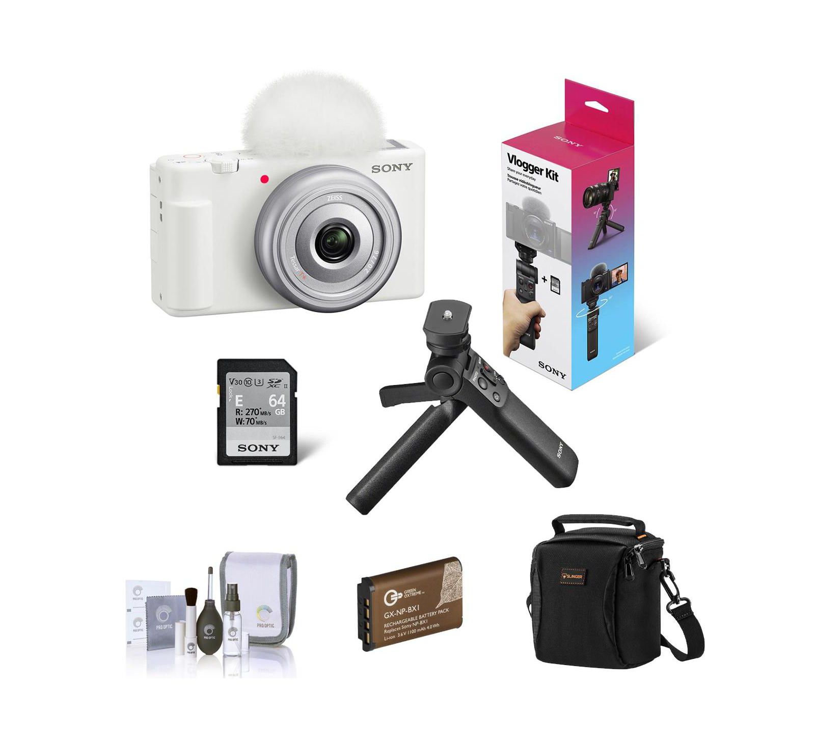 Видеокамера Sony ZV-1F Vlogging Camera, White, Bundle с GP-VPT3 Shooting Grip и Tripod, Extra Battery, Shoulder Bag, Cleaning Kit