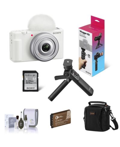 Видеокамера Sony ZV-1F Vlogging Camera, White, Bundle с GP-VPT3 Shooting Grip и Tripod, Extra Battery, Shoulder Bag, Cleaning Kit