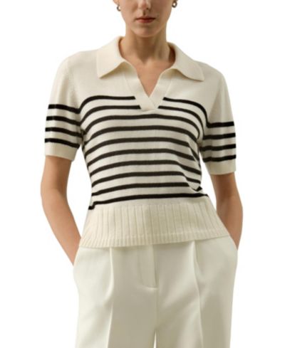LILYSILK Women's Striped Cashmere Polo Sweater
