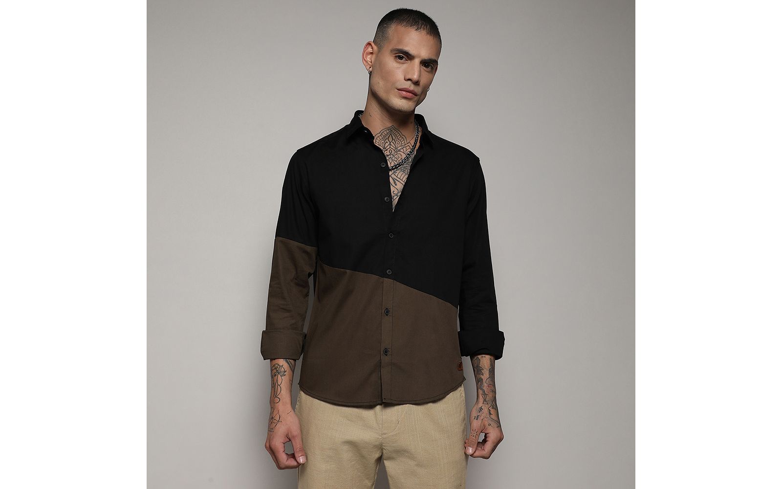 Campus Sutra Men's Black & Olive Green Contrast Panel Shirt