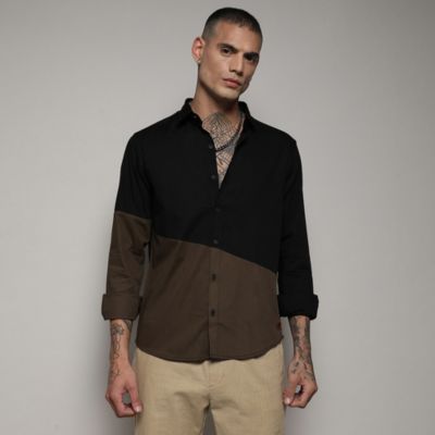 Campus Sutra Men's Black & Olive Green Contrast Panel Shirt
