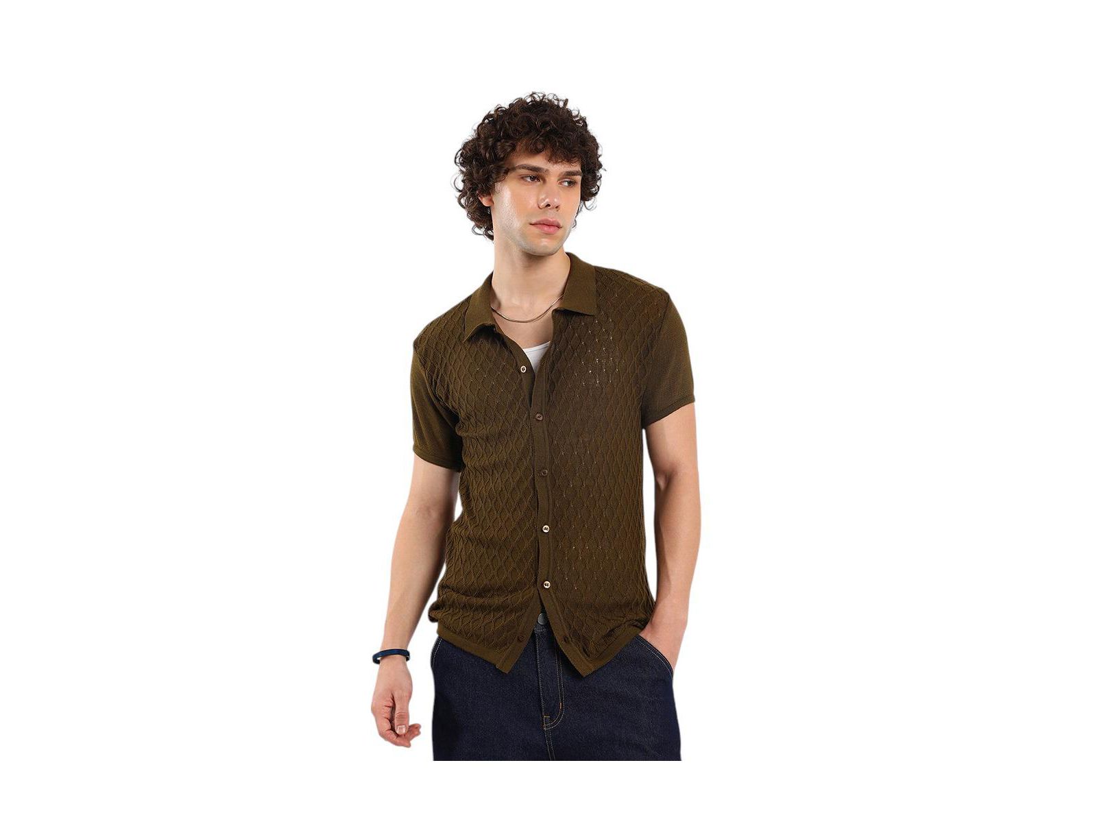 Campus Sutra Men's Harlequin-Textured Knit Shirt