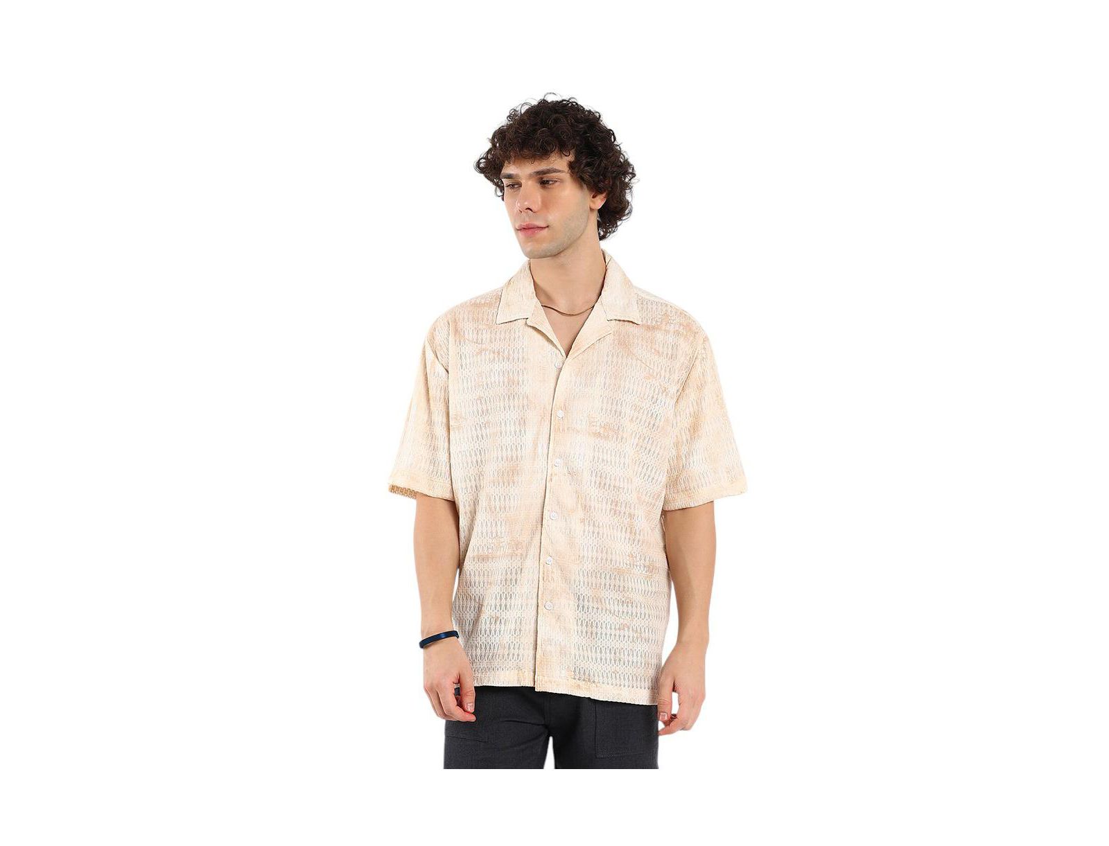 Campus Sutra Men's Tan Brown & Ivory White Faded Woven Oversized Shirt