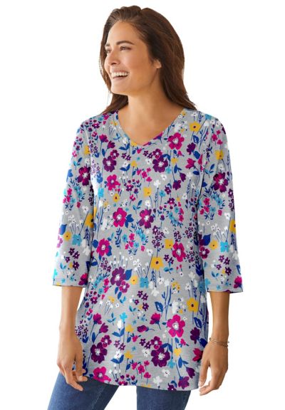Woman Within Plus Size принт туника с V-образным вырезом и рукавом 3/4